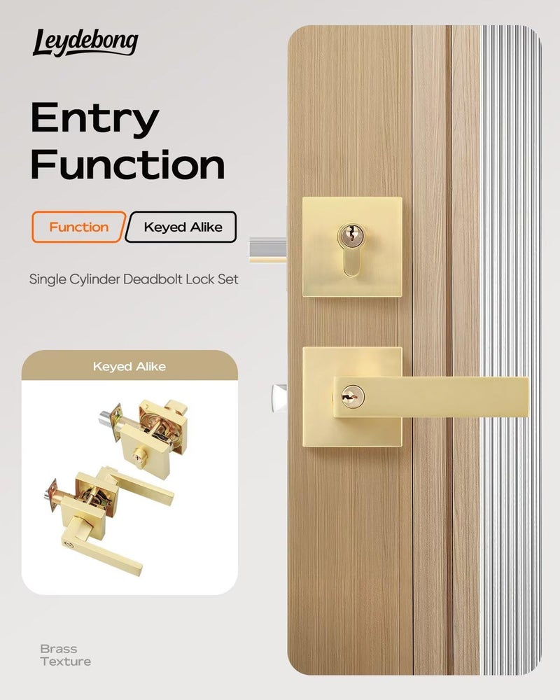 Leydebong 3 Pack Gold Door Knobs with Lock and Key  Entry Door Levers with Single Cylinder Deadbolt  Keyed Alike Exterior Door Knobs with Lock and Keys for Entrance and Front Door - Image 5